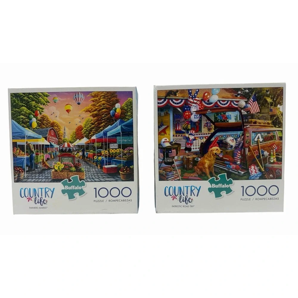 Lot of 2 Buffalo Games Country Life 1000 Pc Puzzles Farmers Market Patriotic